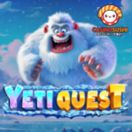 Yeti Questスロットゲーム：雪山を背景に5x3リールに探検用具のシンボルが並び、特殊シンボルと乗数表示が特徴的な画面"